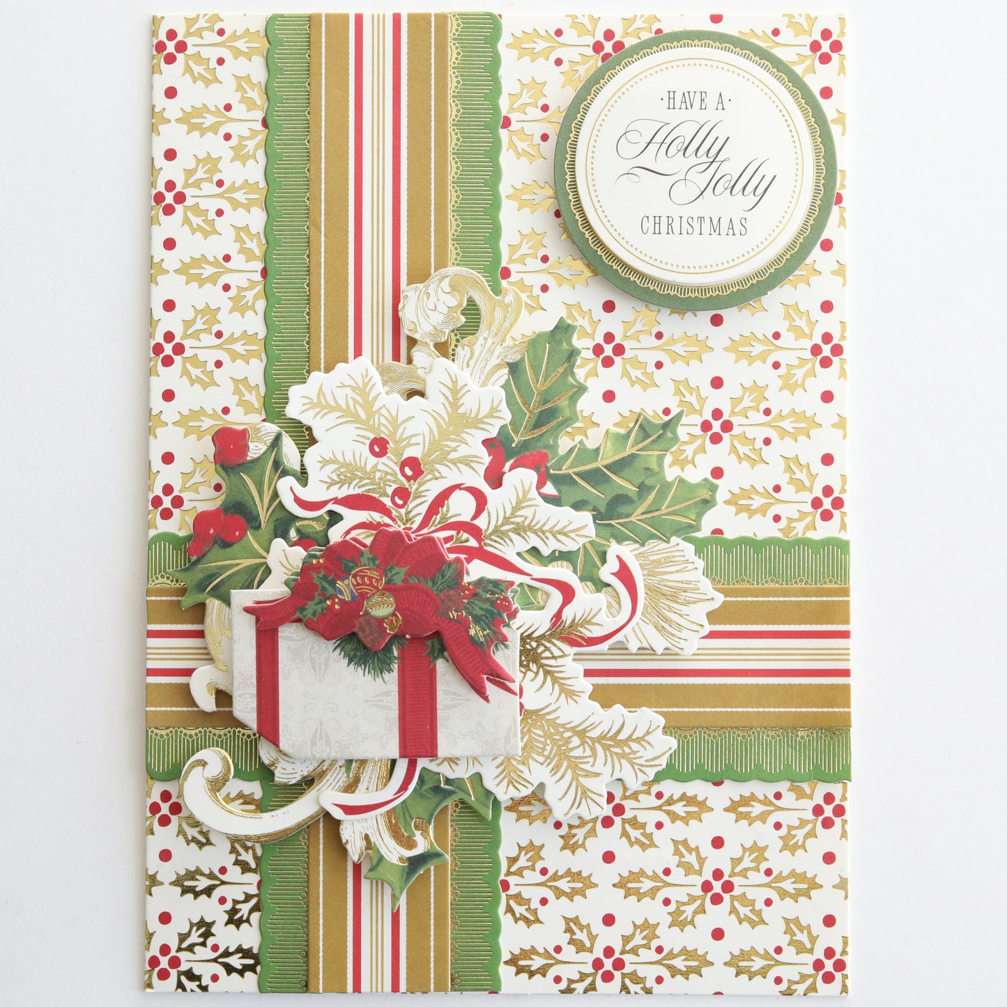 Create Holiday Border Stickers add festive cheer to your crafts, featuring gold and green ribbons, holly and poinsettias, a decorative gift design, and a “Have a Holly Jolly Christmas” label—perfect for holiday cardmaking.