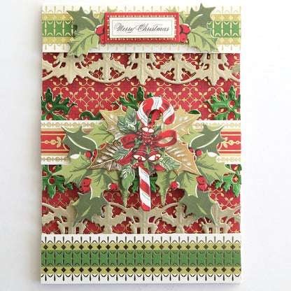 A decorative Christmas card with a "Merry Christmas" label, red and gold patterns, holly leaves, and two candy canes tied with a bow—perfect for festive crafting or pairing with Create Holiday Border Stickers.