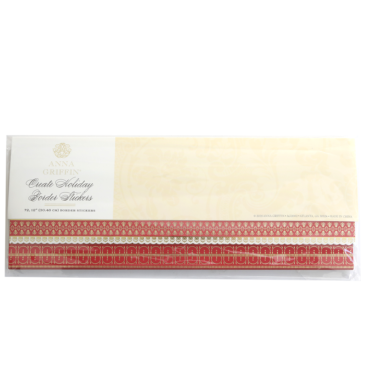 A pack of Create Holiday Border Stickers featuring ornate red and gold die-cut borders in a clear sleeve—perfect for festive crafting projects.