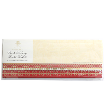 A pack of Create Holiday Border Stickers featuring ornate red and gold die-cut borders in a clear sleeve—perfect for festive crafting projects.