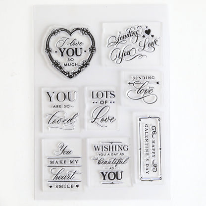 Lovely Sentiment Stamps are decorative clear stamps featuring romantic phrases like "I love you so much" and "Happy Valentine's Day" in ornate lettering—ideal for handmade cards or charming scrapbook pages.