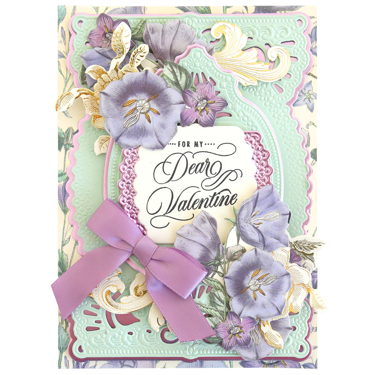 The Lovely Sentiment Stamps feature floral designs, gold accents, a purple bow, and “For My Dear Valentine” in elegant script—ideal for handmade cards or embellishing scrapbook pages.