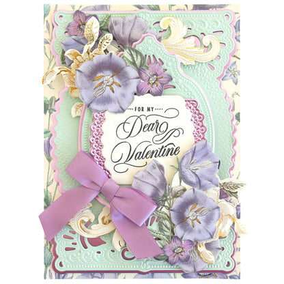 The Lovely Sentiment Stamps feature floral designs, gold accents, a purple bow, and “For My Dear Valentine” in elegant script—ideal for handmade cards or embellishing scrapbook pages.