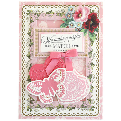 The Lovely Sentiment Stamps set features layered floral and butterfly designs with lace accents, a bow, and the sentiment "We make a perfect match"—ideal for handmade greeting cards or scrapbook projects.