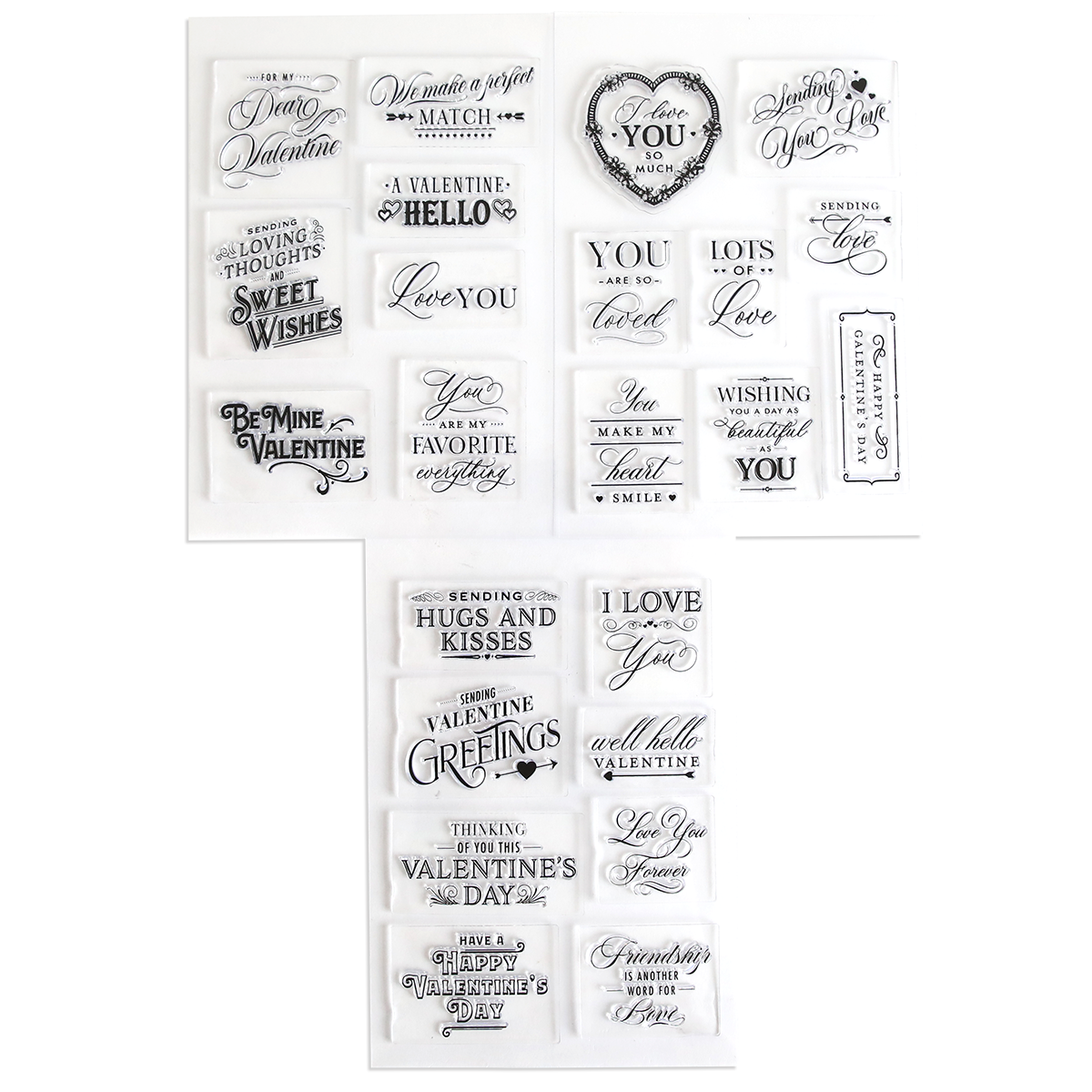 The Lovely Sentiment Stamps set offers clear Valentine’s Day-themed stamps featuring romantic phrases and greetings, ideal for handmade cards or scrapbook decoration, all organized on neat white sheets.
