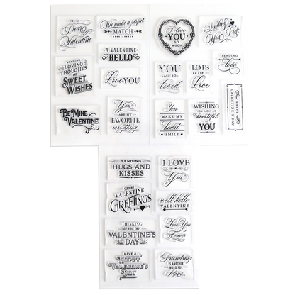 The Lovely Sentiment Stamps set offers clear Valentine’s Day-themed stamps featuring romantic phrases and greetings, ideal for handmade cards or scrapbook decoration, all organized on neat white sheets.