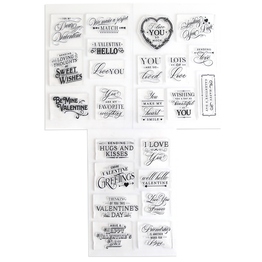 The Lovely Sentiment Stamps set offers clear Valentine’s Day-themed stamps featuring romantic phrases and greetings, ideal for handmade cards or scrapbook decoration, all organized on neat white sheets.