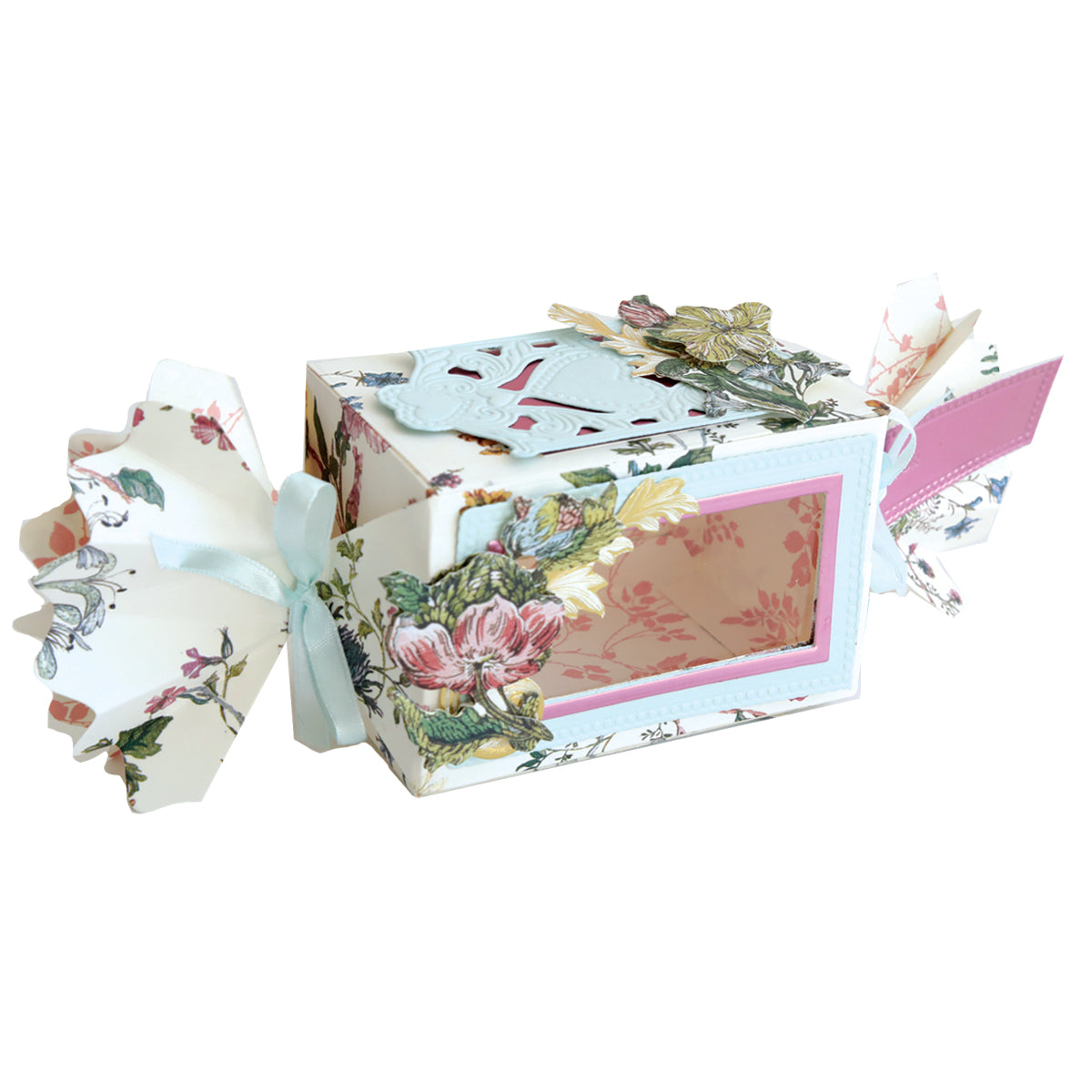 Decorative floral favor box with a clear window, ribbon ties on each end, and pink and green floral patterns—perfect for treats or pairing with Candy Wrapper Box Dies.