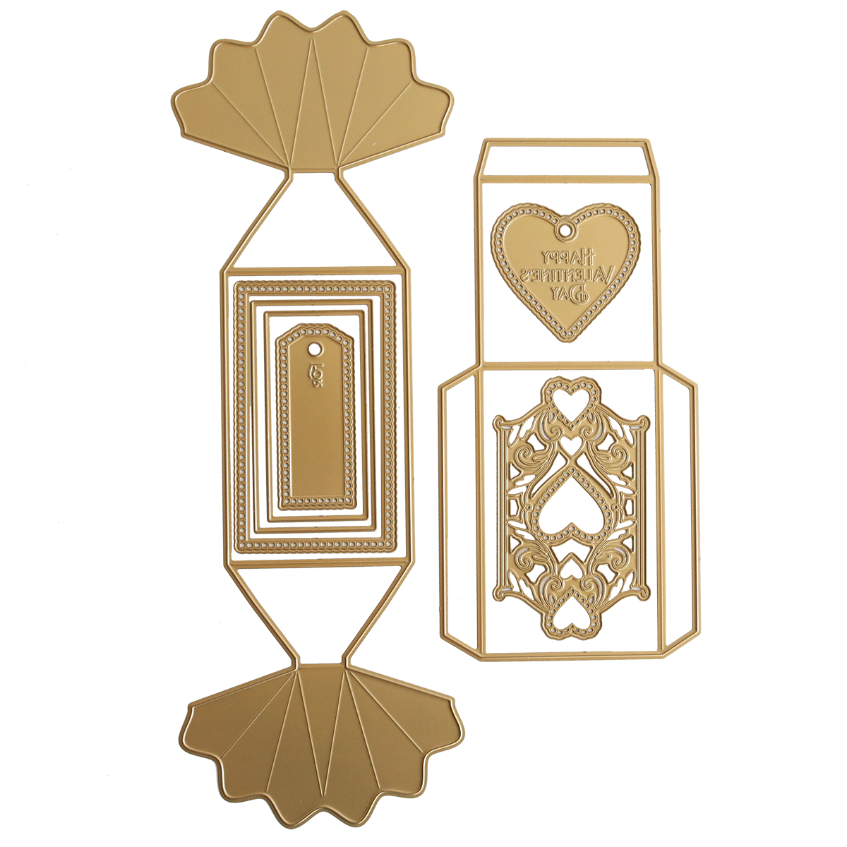 The Candy Wrapper Box Dies set includes two gold metal templates for crafting treat or favor boxes, featuring geometric designs, a heart with "Happy Valentine's Day," and detailed decorative accents.