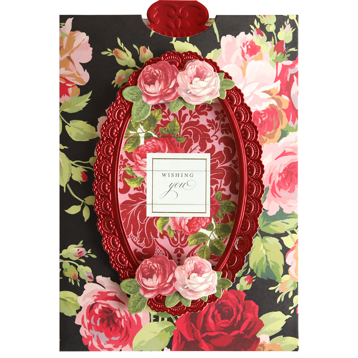 A Valentine Clever Scene Card featuring red and pink roses, an ornate red frame, and "Wishing you" message—designed with interactive inspiration and Clever Sliding Card Dies.