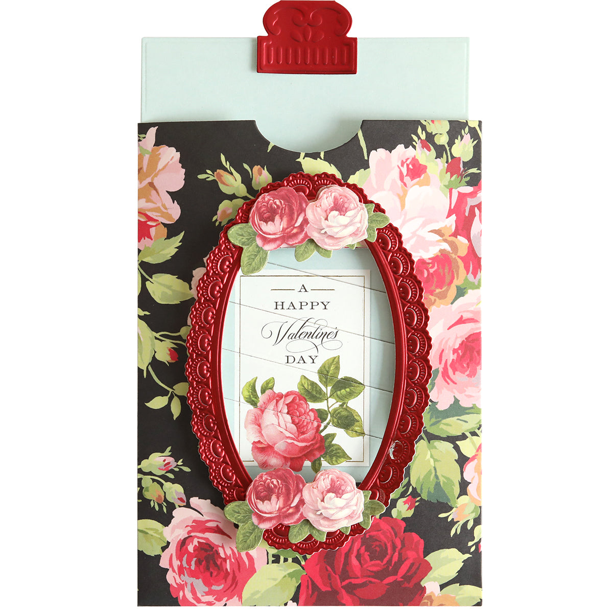 The Valentine Clever Scene Cards feature a floral pattern with a red ornate frame, rose decorations, and "A Happy Valentine's Day" in the center—ideal for interactive designs or enhancing with Clever Sliding Card Dies.