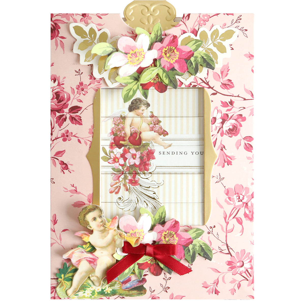 Create interactive or unique sliding cards with Valentine Clever Scene Cards—a floral pink greeting card featuring vintage cherubs, flowers, a red ribbon bow, and "SENDING YOU" in the center.