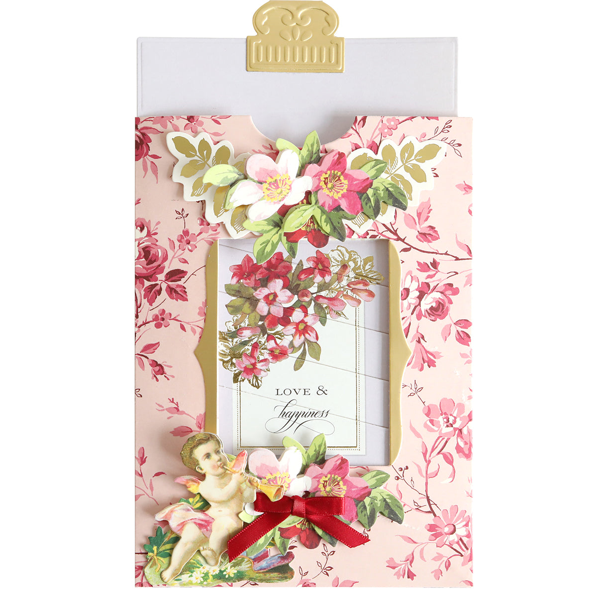 The Valentine Clever Scene Cards feature a pink floral design with cut-out details, gold edging, a red bow, and cherub art. Includes interactive sliding scene cards; inside text reads "LOVE & Happiness.