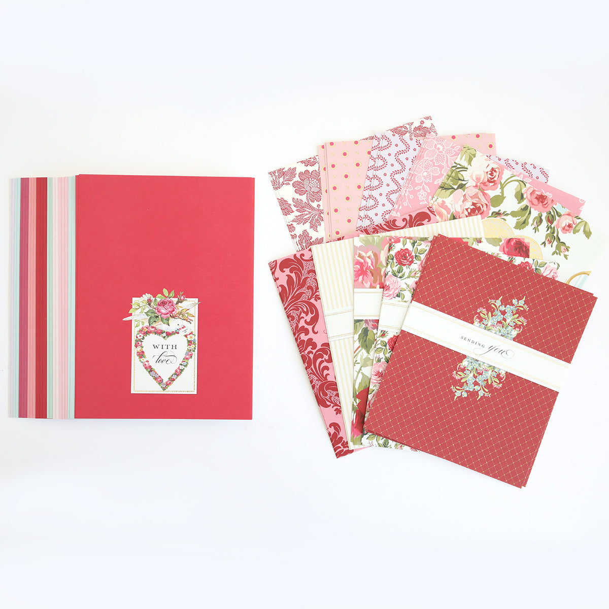 The Valentine Clever Scene Cards set features decorative floral and striped papers and a red scrapbook album, perfect for making interactive or sliding scene cards, shown on a white background.