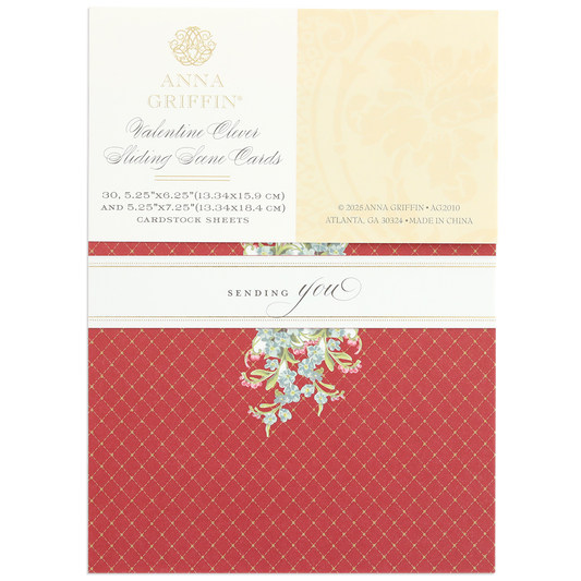 Red and gold patterned packaging for Valentine Clever Scene Cards by Anna Griffin, featuring decorative floral details and showcasing dies that create beautiful interactive sliding scene cards.