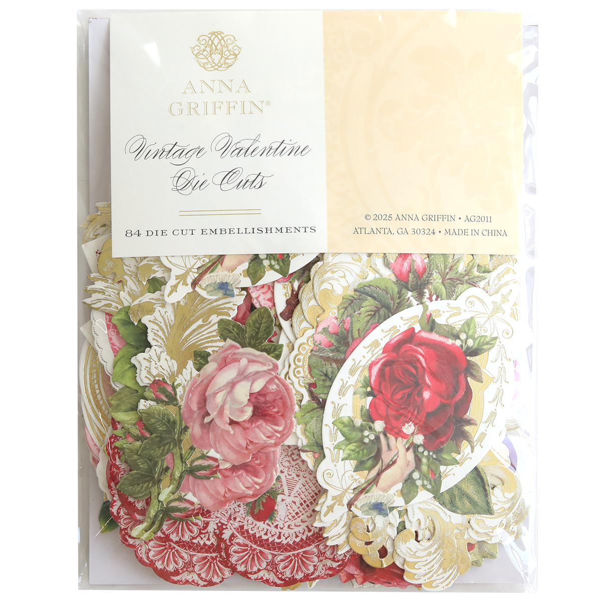 A package of Vintage Valentine Die Cut Embellishments featuring floral and ornate heart designs, ideal for paper crafting projects in red, pink, and gold tones.