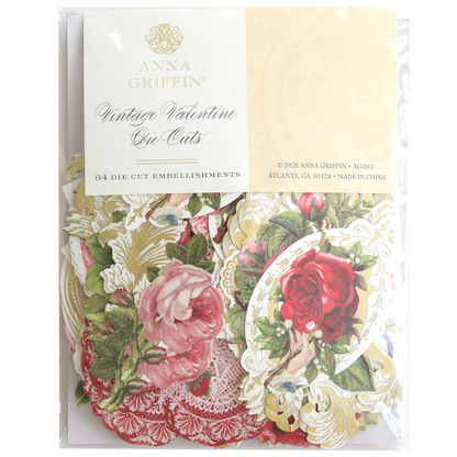 A package of Vintage Valentine Die Cut Embellishments featuring floral and ornate heart designs, ideal for paper crafting projects in red, pink, and gold tones.