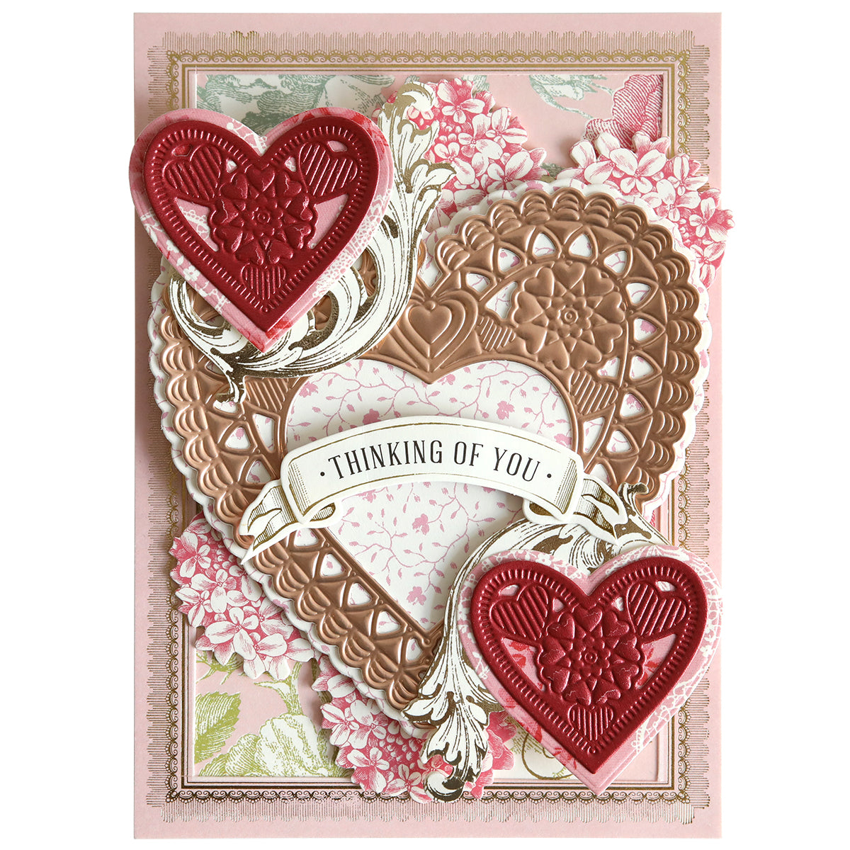 The 3D Concentric Heart Dies feature ornate red and gold hearts with floral accents and a “Thinking of You” banner—ideal for handmade cards or Valentine’s Day crafts.