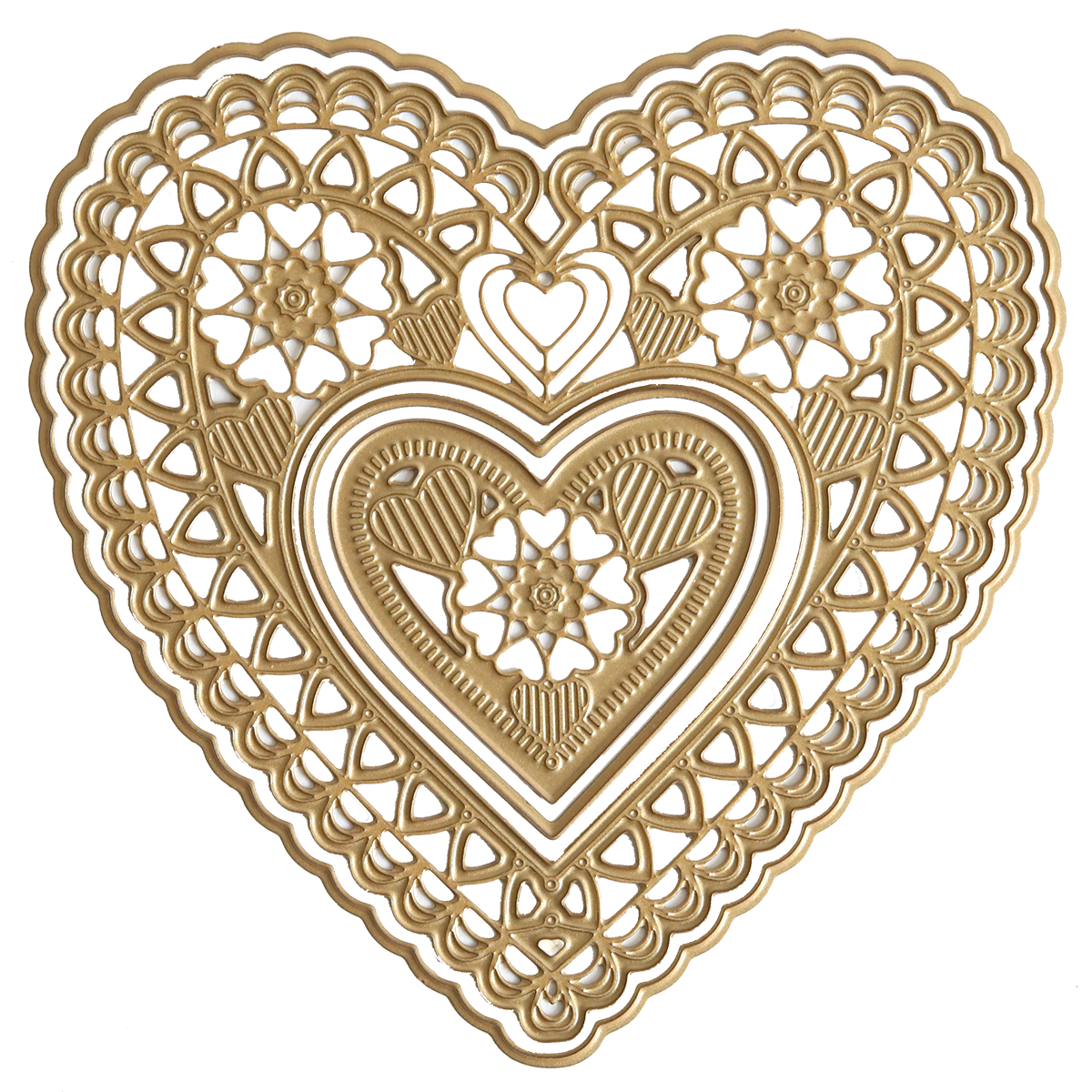 The 3D Concentric Heart Dies feature intricate gold filigree cutout patterns, floral motifs, and layered heart shapes—ideal for handmade cards or Valentine’s Day crafts—shown from above on a white background.