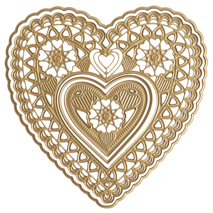 The 3D Concentric Heart Dies feature intricate gold filigree cutout patterns, floral motifs, and layered heart shapes—ideal for handmade cards or Valentine’s Day crafts—shown from above on a white background.