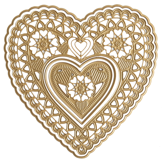 The 3D Concentric Heart Dies feature intricate gold filigree cutout patterns, floral motifs, and layered heart shapes—ideal for handmade cards or Valentine’s Day crafts—shown from above on a white background.