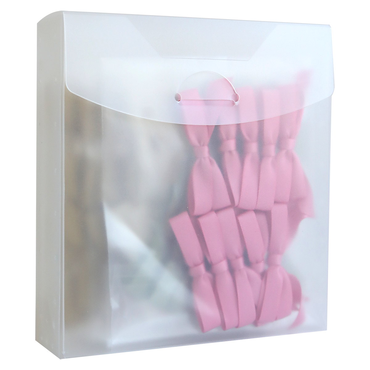 A translucent plastic envelope folder holds several Perfect Double Bows (50 count) in pink, partially visible through the material, set against a plain white background.
