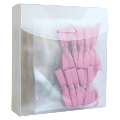 A translucent plastic envelope folder holds several Perfect Double Bows (50 count) in pink, partially visible through the material, set against a plain white background.