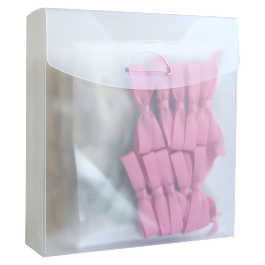 A translucent plastic envelope folder holds several Perfect Double Bows (50 count) in pink, partially visible through the material, set against a plain white background.