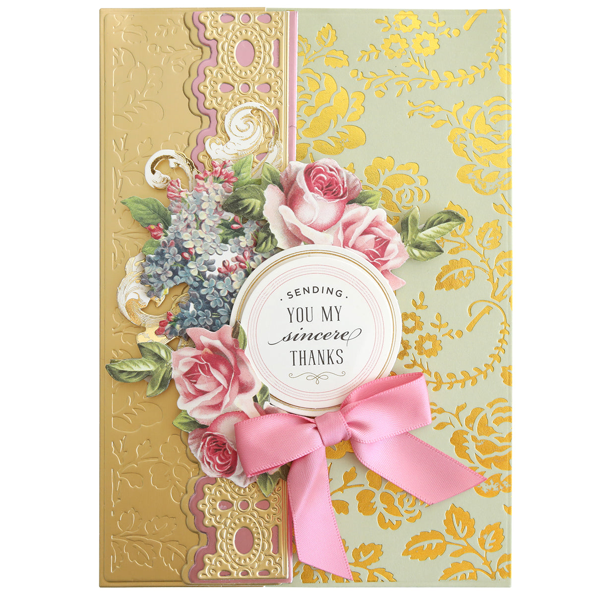 Greeting card with gold floral patterns made using Gilded Floral Hot Foil Plates, pink ribbon, and a bouquet; “Sending you my sincere thanks” is written in the center.