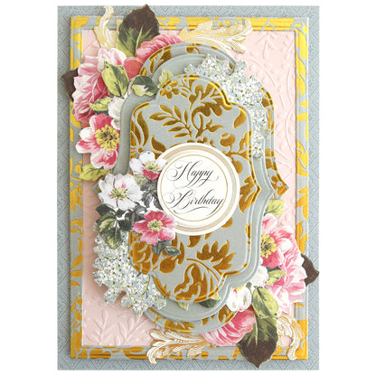A decorative birthday card with gold accents made using the Gilded Floral Hot Foil Plates and an ornate center label reading "Happy Birthday." Ideal for anyone who enjoys foiling on cardstock with hot foil and embossing machines.