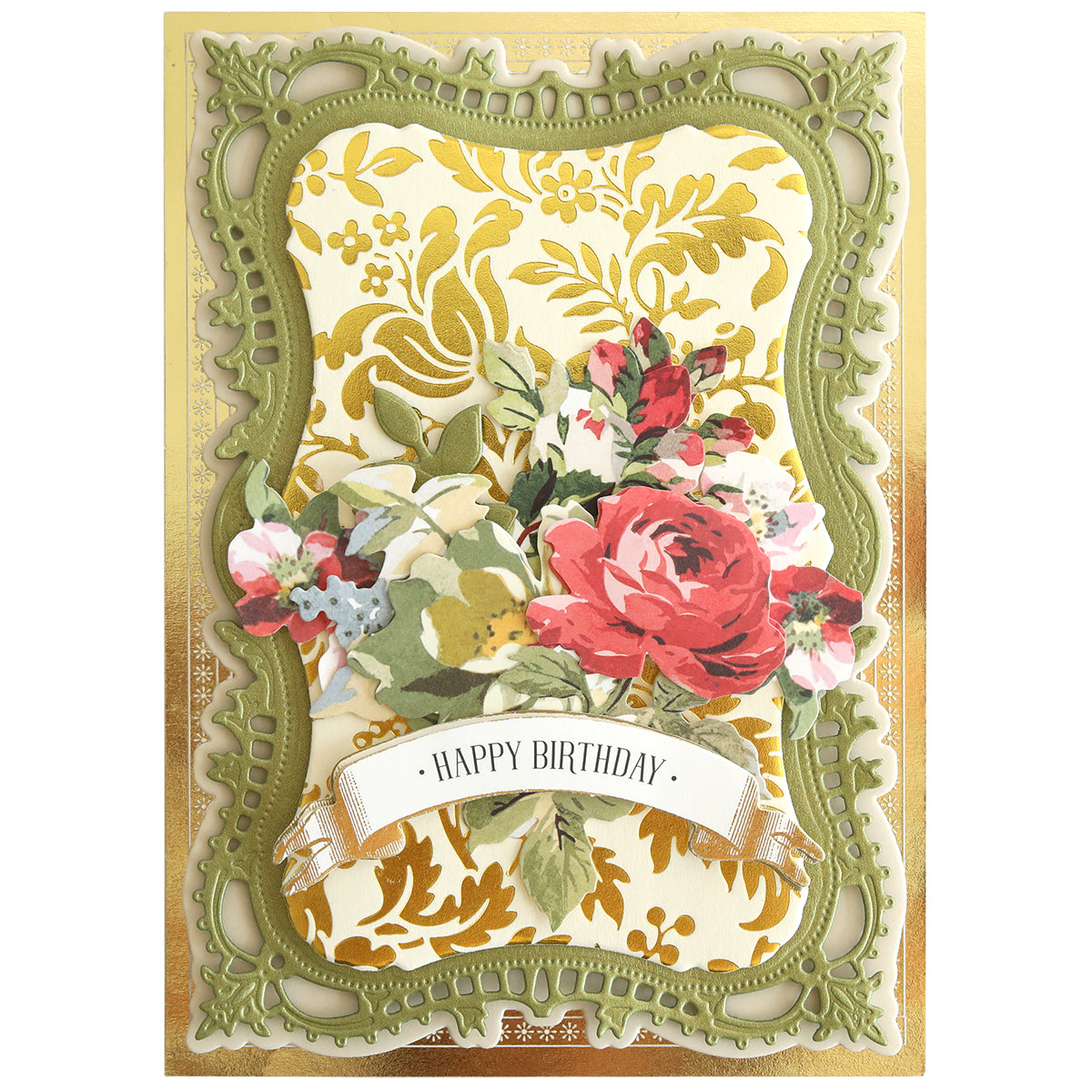 Gilded Floral Hot Foil Plates create ornate birthday cards with gold and green frames, patterned backgrounds, and a "Happy Birthday" banner—ideal for adding shine using hot foil and embossing machines.