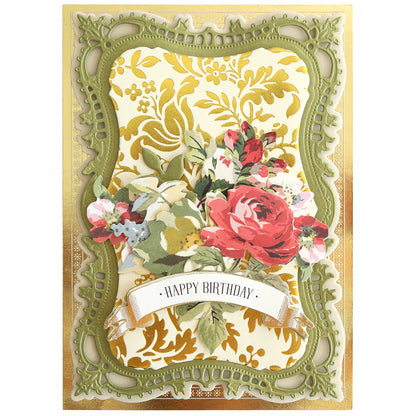 Gilded Floral Hot Foil Plates create ornate birthday cards with gold and green frames, patterned backgrounds, and a "Happy Birthday" banner—ideal for adding shine using hot foil and embossing machines.