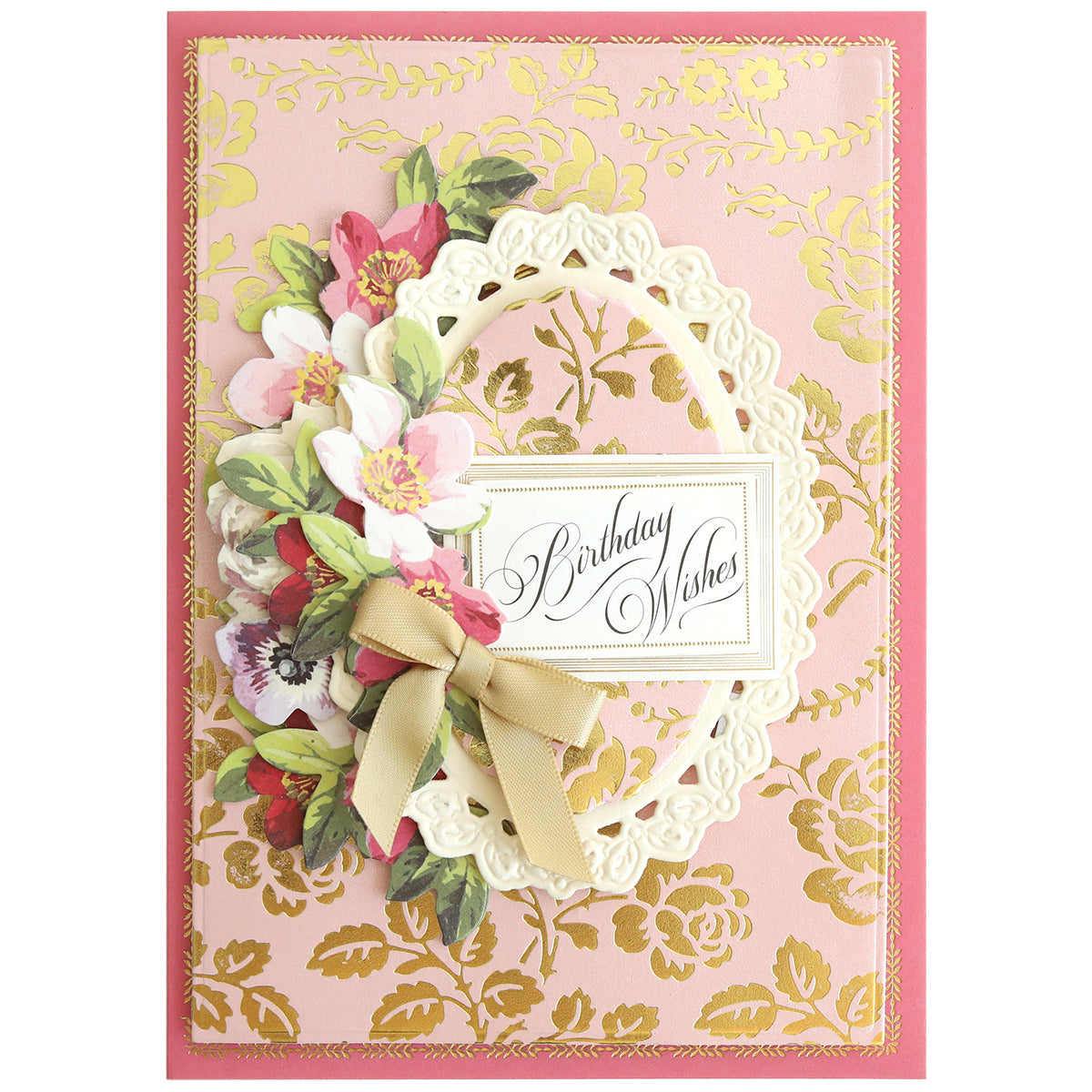 The Gilded Floral Hot Foil Plates create stunning pink and gold greeting cards with elegant, shimmering foil accents on cardstock.