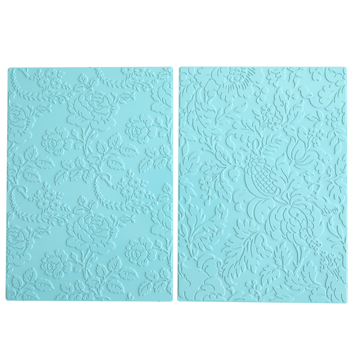 Two rectangular blue silicone mats with intricate floral and leaf patterns, perfect for hot foil and embossing machines or pairing with Gilded Floral Hot Foil Plates to add stunning foil to your cardstock creations.