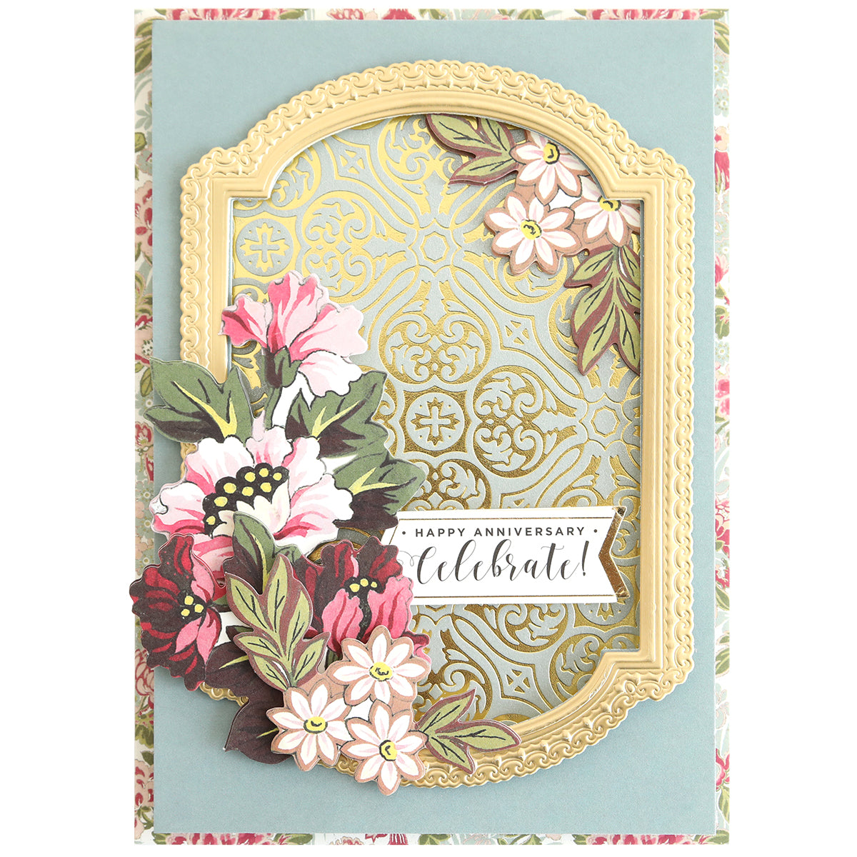A decorative "Happy Anniversary" card with a gold ornate frame, pink and white flowers, and an elegant patterned background made using Gilded Damask Hot Foil Plates and embossing machines.