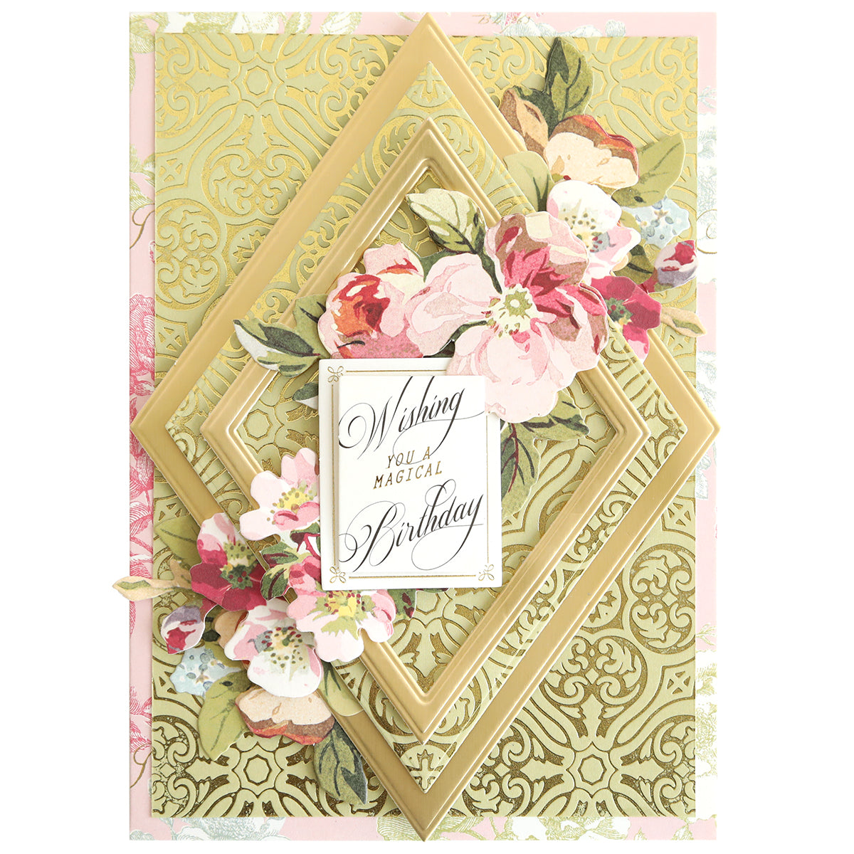 Birthday card made with Gilded Damask Hot Foil Plates, embossing machine, layered paper, and pink and white floral accents. Gold embossed patterns. Front text: "Wishing you a magical Birthday.