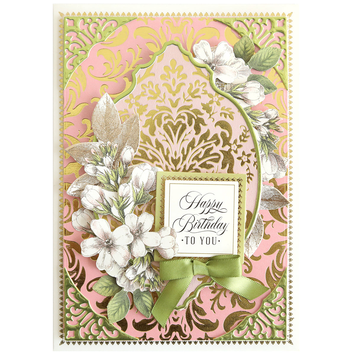 Birthday card made with Gilded Damask Hot Foil Plates, showcasing gold and pink embossed designs, white flowers, green leaves, a green bow, and the "Happy Birthday to you!" message in the center.