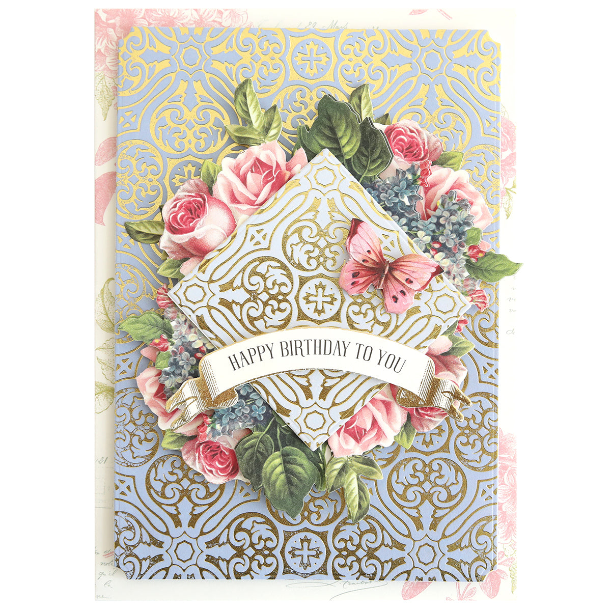 A decorative birthday card made with Gilded Damask Hot Foil Plates, featuring gold patterns, pink roses, green leaves, a butterfly, and a "Happy Birthday to You" banner. Ideal for embossing machines and hot foil plates.