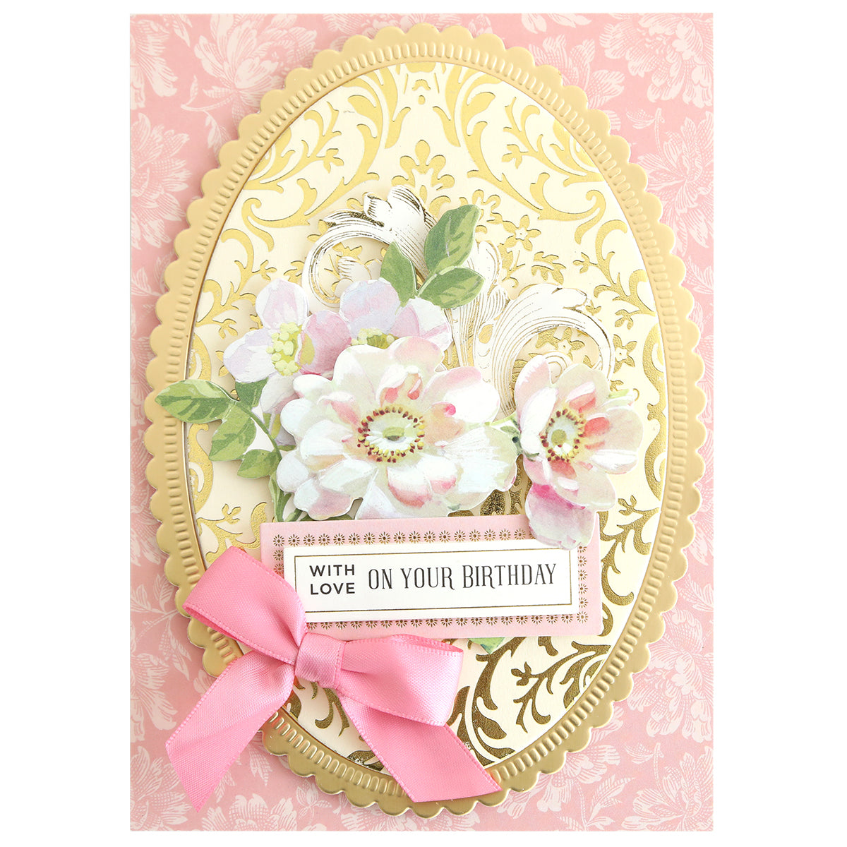 The Gilded Damask Hot Foil Plates create a decorative birthday card with a gold floral frame, white and pink flowers, and a pink bow. Features the message "With Love On Your Birthday" for an elegant, shiny finish.