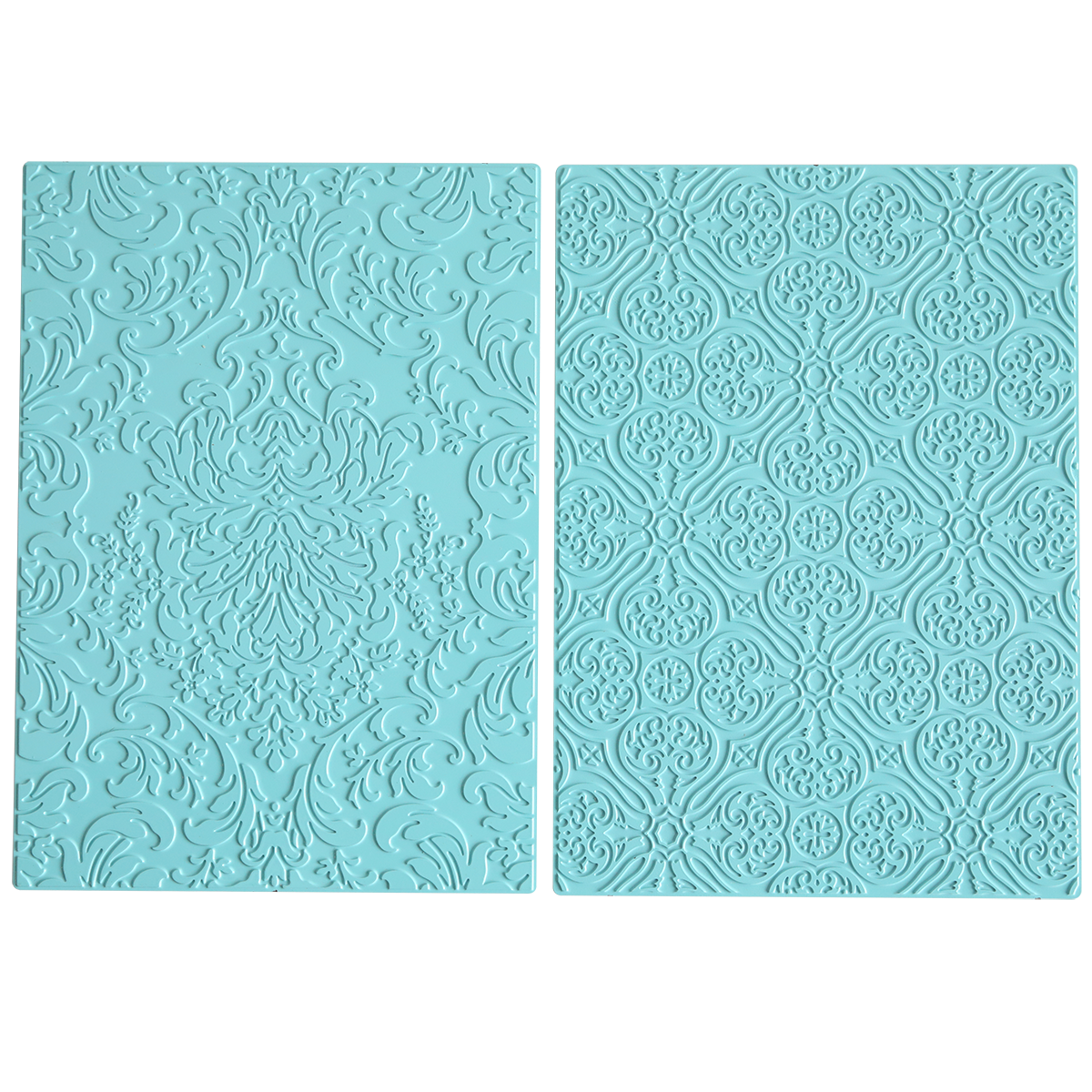 Two light blue silicone mats, inspired by damask designs, are placed side by side on a white background. These mats coordinate with the Gilded Damask Hot Foil Plates and are ideal for use with embossing machines.