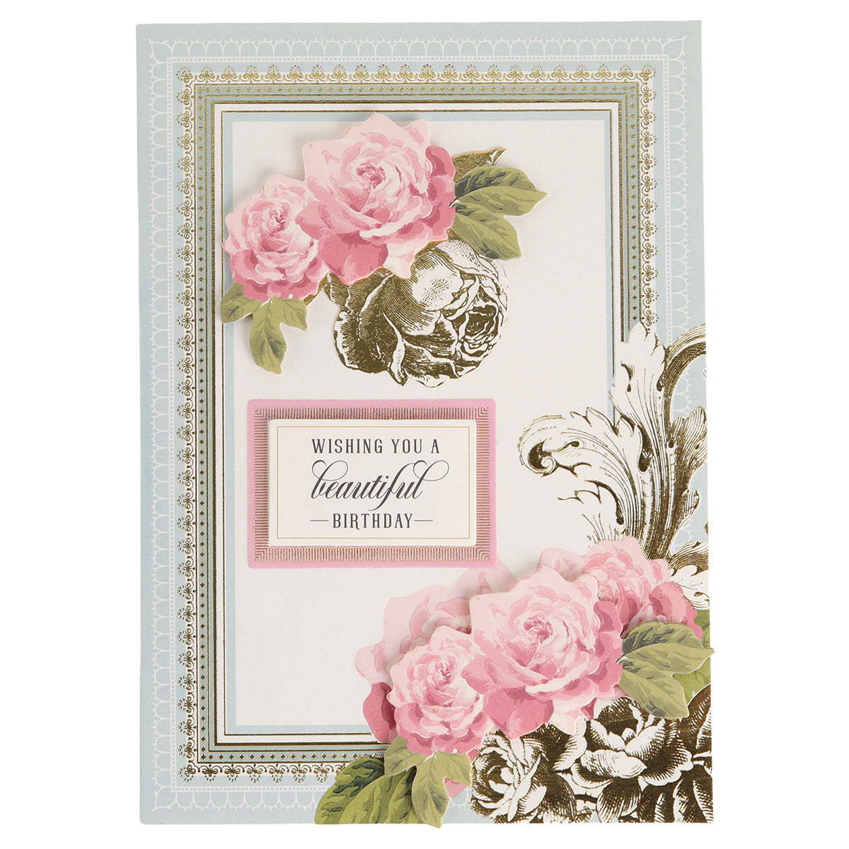 A stunning birthday card created with the Folded Rose Card Making Kit, featuring delicate pink flowers, lush green leaves, and elegant gold accents. The design is beautifully highlighted by 3D embellishments and showcases the heartfelt sentiment "Wishing You a Beautiful Birthday" prominently in the center.