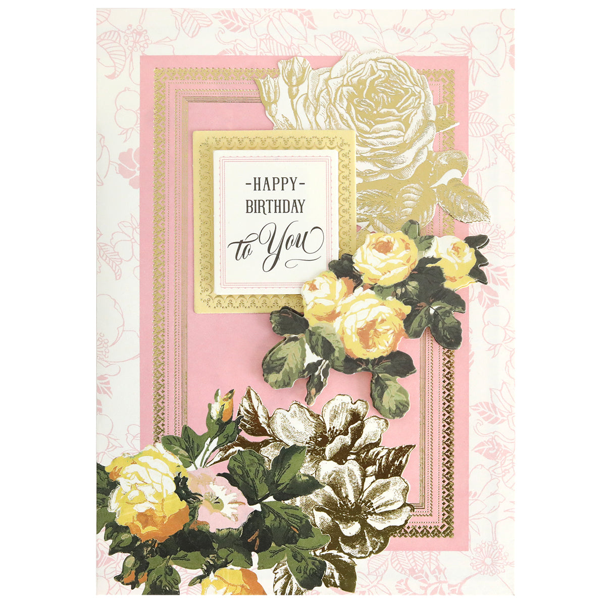 A pink birthday card with yellow and white flowers, gold accents, and 3D details from the Folded Rose Card Making Kit, featuring "Happy Birthday to You" in the center.