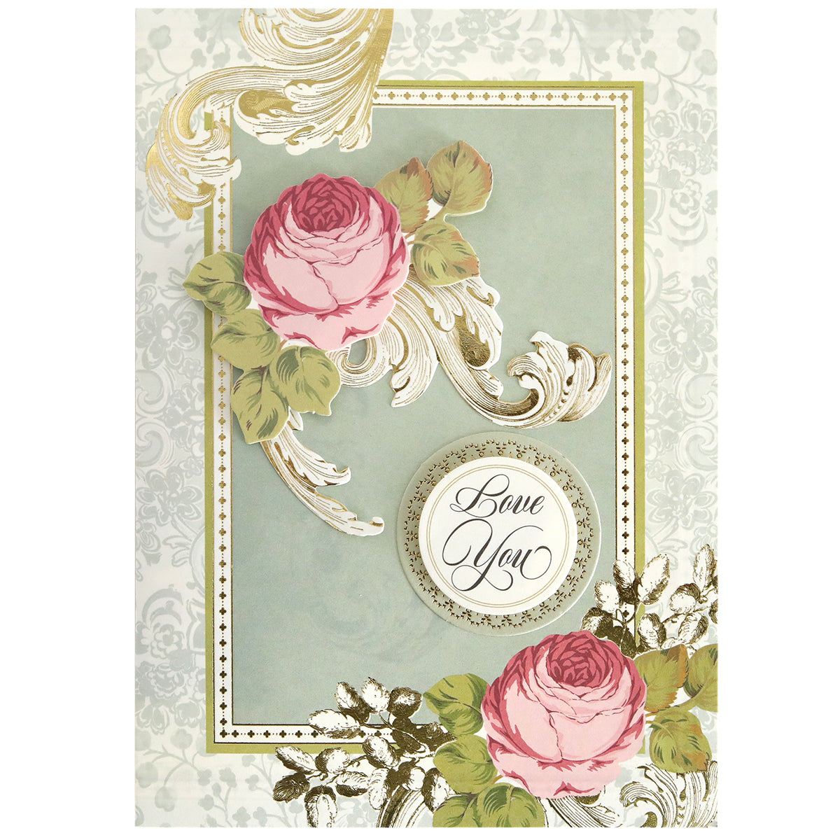 Greeting card featuring ornate gold designs, two pink roses with green leaves, and "Love You" in cursive—ideal for pairing with the Folded Rose Card Making Kit.