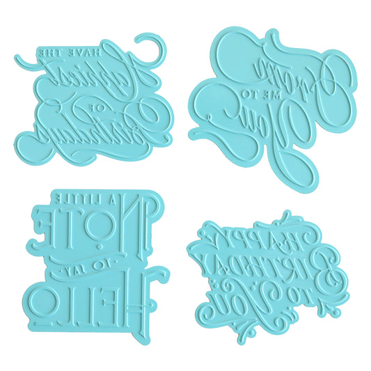 Blue text signs made with Gilded Birthday & Friendship Sentiment Hot Foil Plates using hot foil and embossing machines.