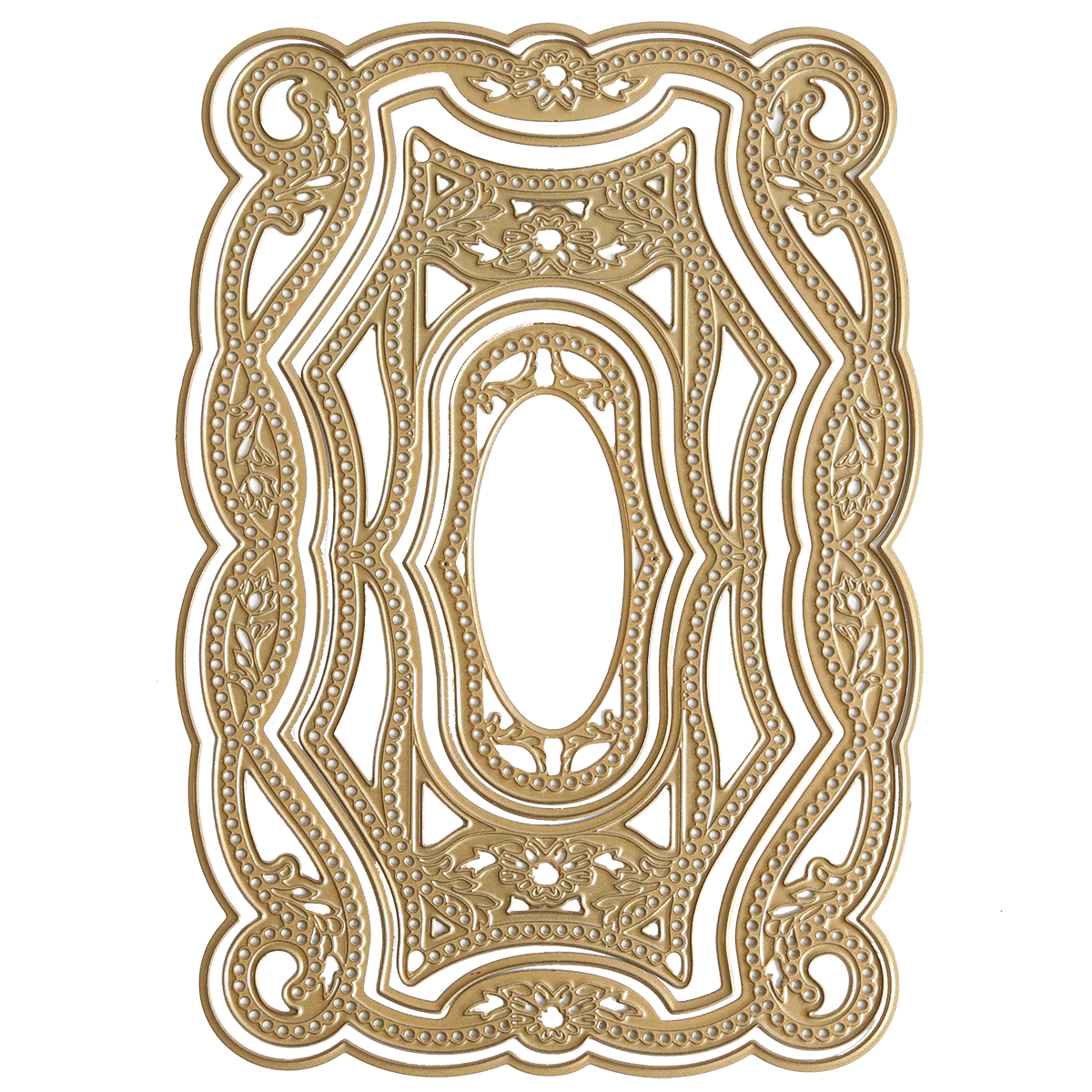 The 3D Braided Concentric Frame Dies feature an ornate, gold-colored rectangular frame with intricate floral and bead patterns, a central oval opening, perfect for layered cards and die cutting on a white background.