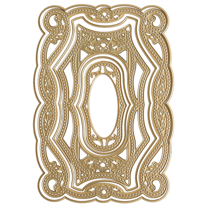 The 3D Braided Concentric Frame Dies feature an ornate, gold-colored rectangular frame with intricate floral and bead patterns, a central oval opening, perfect for layered cards and die cutting on a white background.