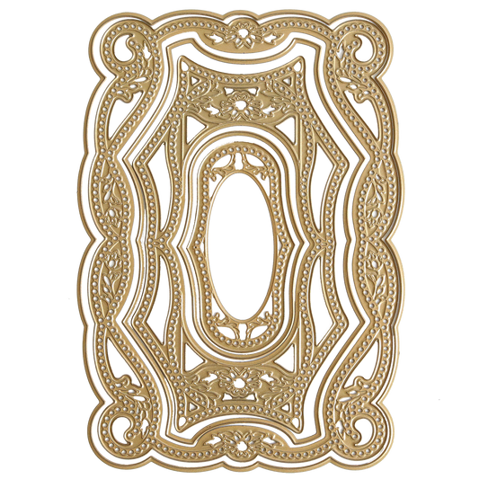 The 3D Braided Concentric Frame Dies feature an ornate, gold-colored rectangular frame with intricate floral and bead patterns, a central oval opening, perfect for layered cards and die cutting on a white background.
