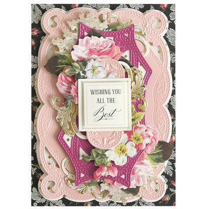 A decorative greeting card made with 3D Braided Concentric Frame Dies features layered pink, gold, and floral designs and a “Wishing You All the Best” message in the center.