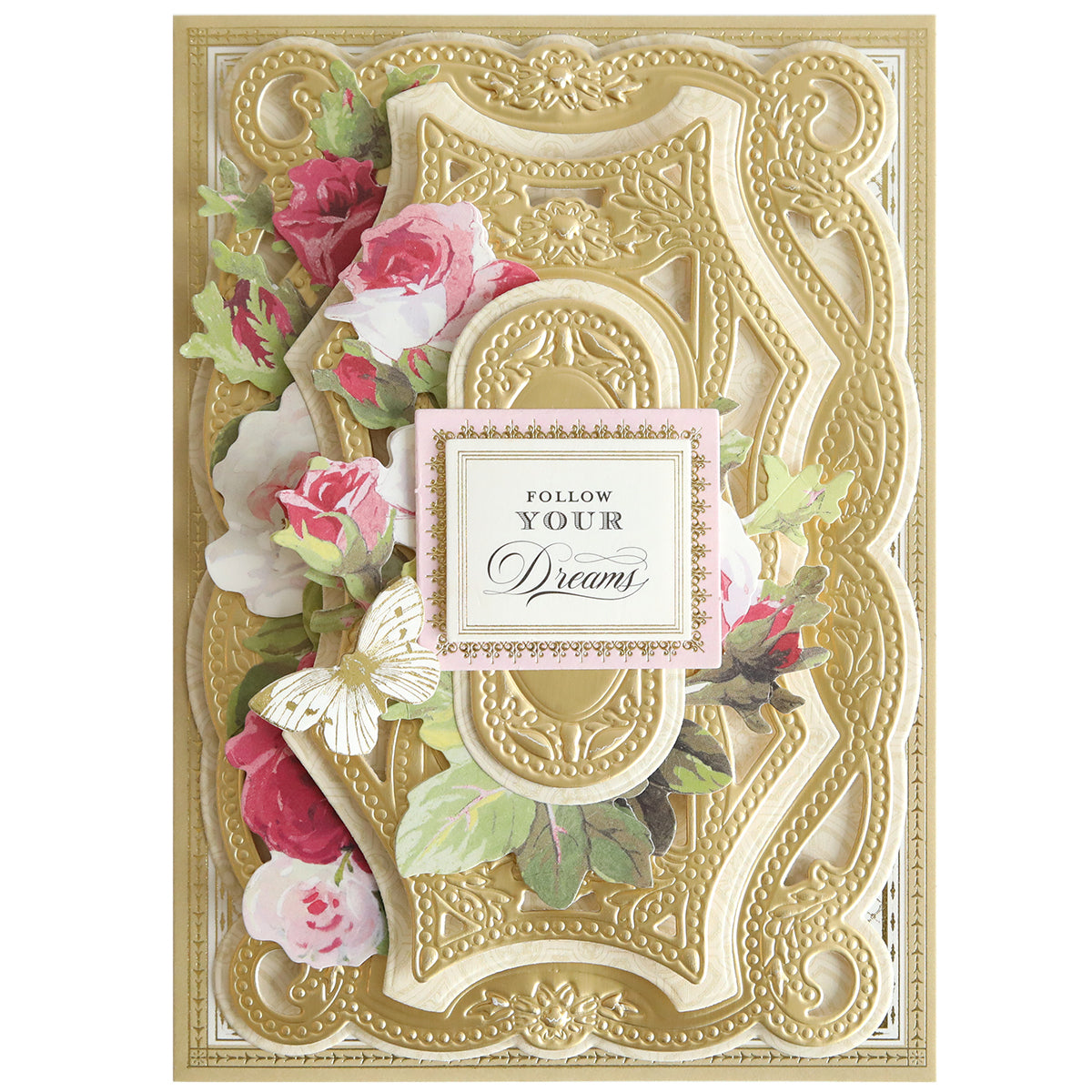 Beautifully crafted with 3D Braided Concentric Frame Dies, this ornate gold-embossed card features pink and red roses, green leaves, a white butterfly, and a "Follow your dream" label using layered cards and die cutting techniques.