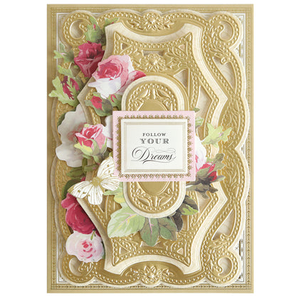 Beautifully crafted with 3D Braided Concentric Frame Dies, this ornate gold-embossed card features pink and red roses, green leaves, a white butterfly, and a "Follow your dream" label using layered cards and die cutting techniques.